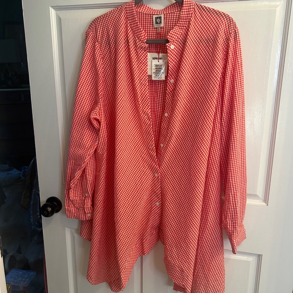 Women's Anne Klein Shirt XL Red White Gingham